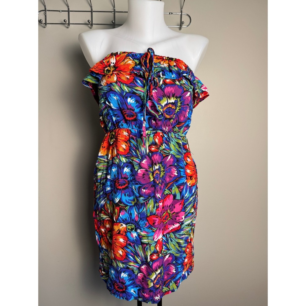 Poet Strapless Floral Ruffle Mini Dress S Tropical Boho Summer Vacation Resort
